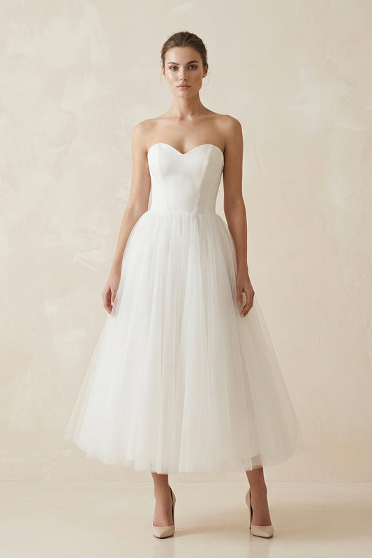 Strapless A Line Tulle Midi Wedding Dress in White