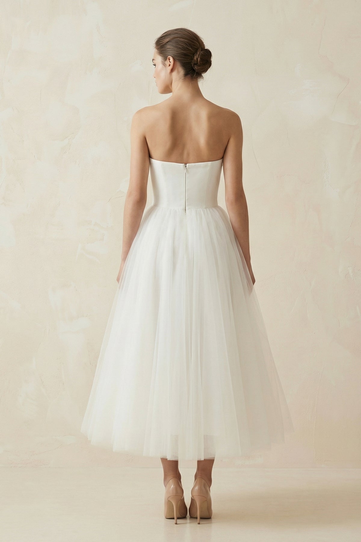 Strapless A Line Tulle Midi Wedding Dress in White