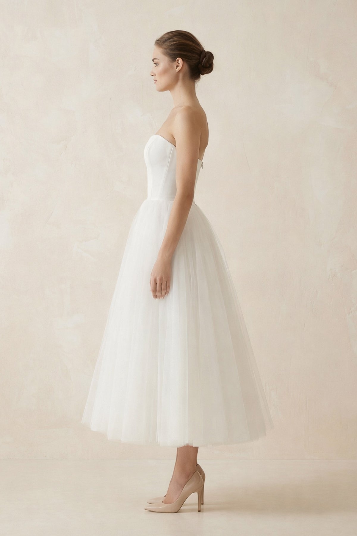 Strapless A Line Tulle Midi Wedding Dress in White
