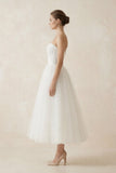 Strapless A Line Tulle Midi Wedding Dress in White