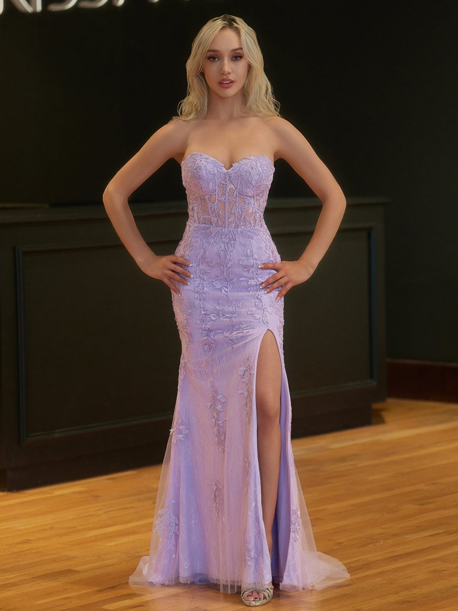 Mermaid Strapless Corset Lace Prom Dress with Slit