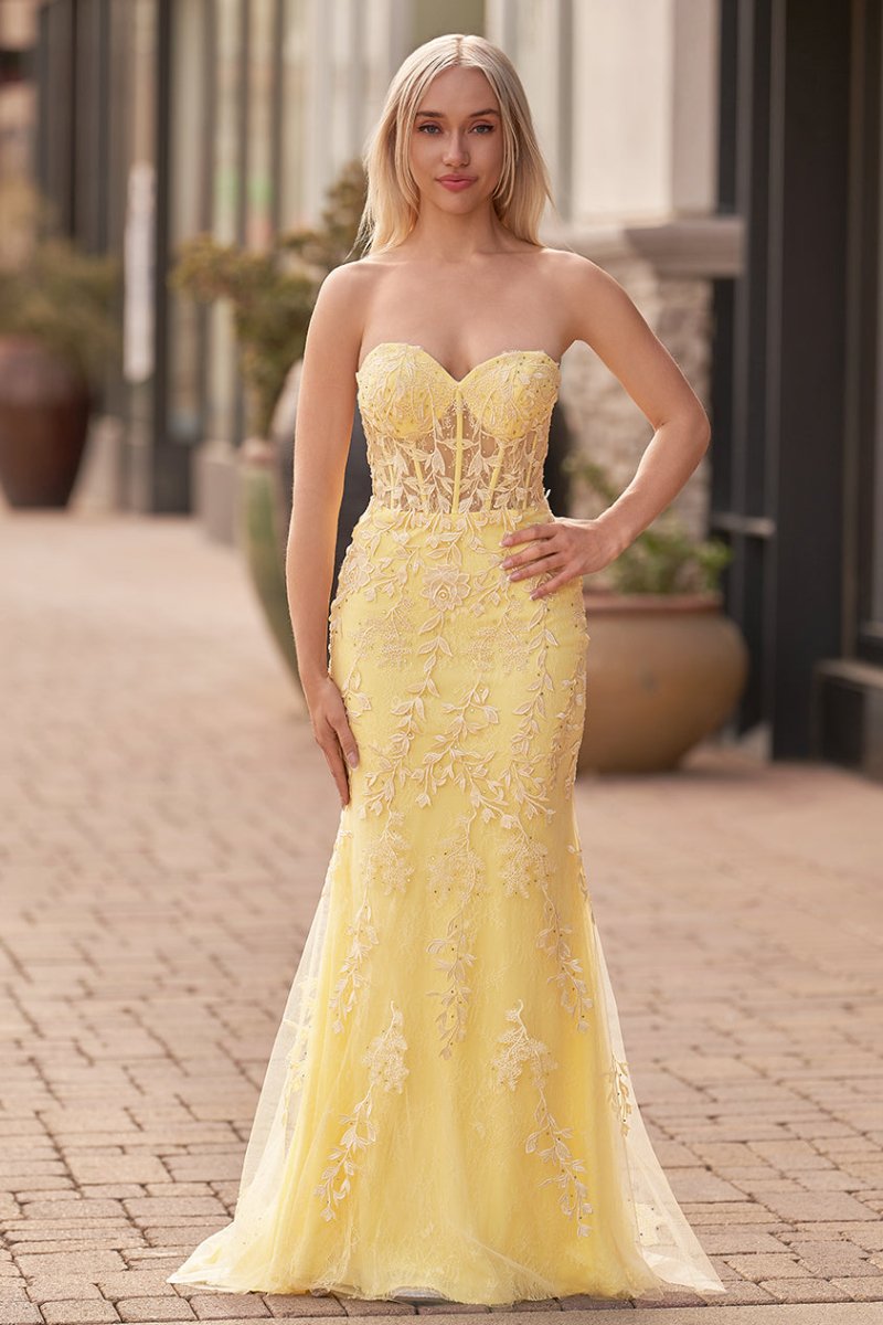 Mermaid Strapless Corset Lace Prom Dress with Slit