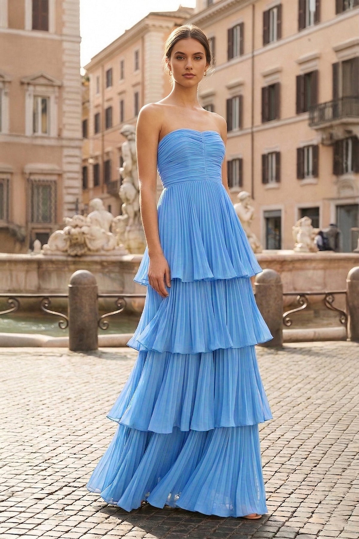 Strapless Emerald Green Ruffle Multi-Layer Long Prom Dress