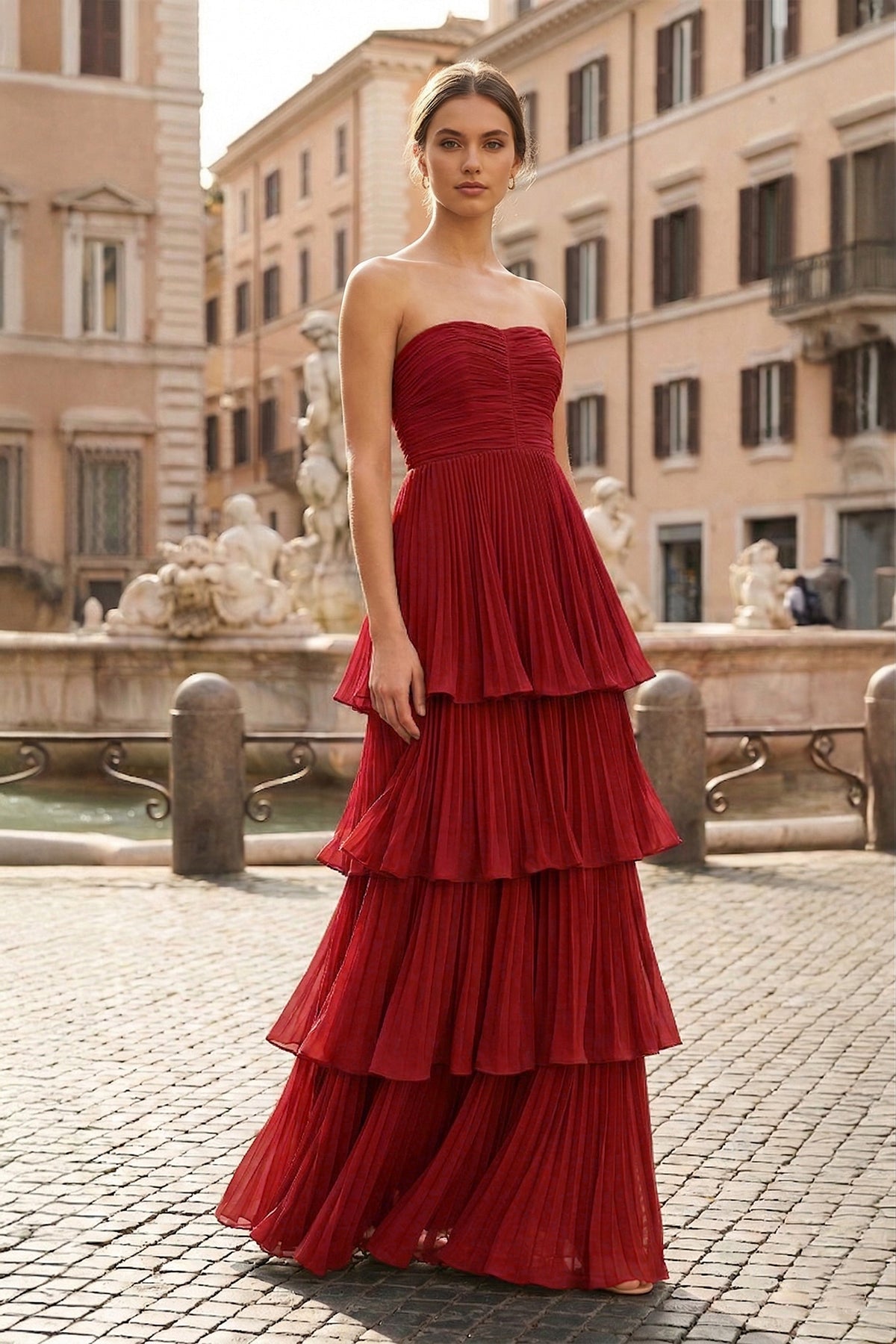 Strapless Emerald Green Ruffle Multi-Layer Long Prom Dress