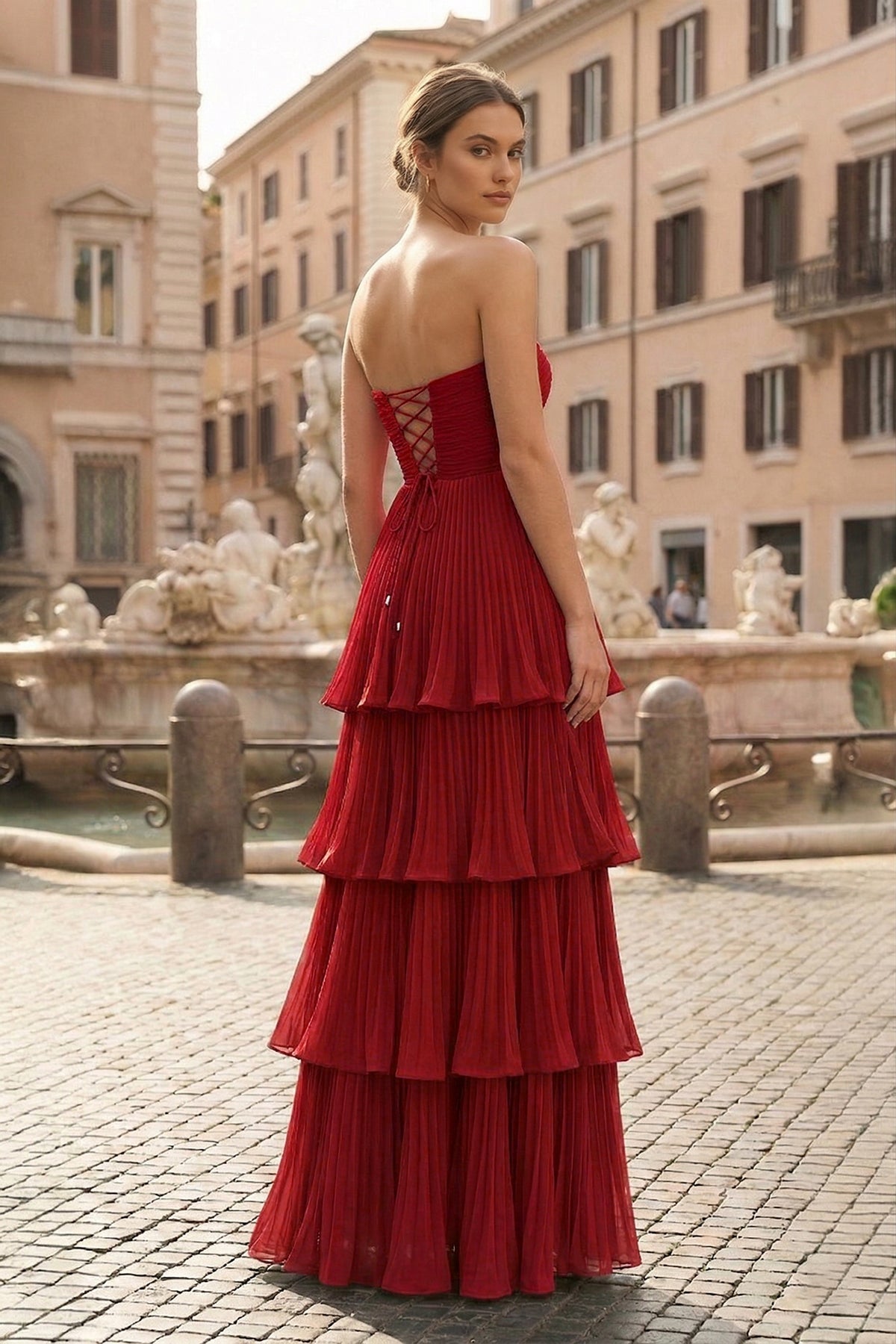 Strapless Emerald Green Ruffle Multi-Layer Long Prom Dress