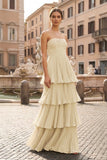 Strapless Emerald Green Ruffle Multi-Layer Long Prom Dress