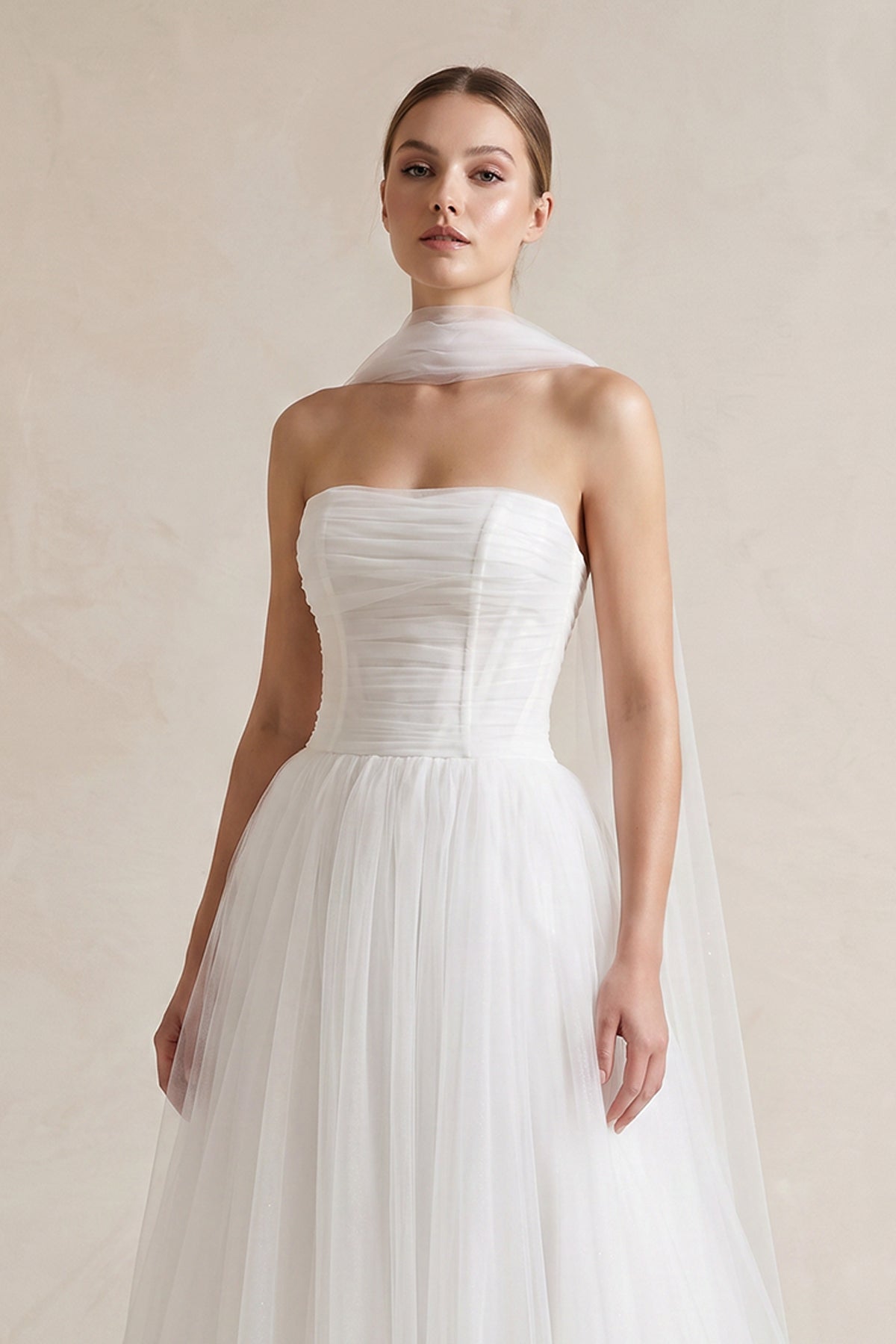 Strapless Chiffon A-Line Pleated Scarf Wedding Dress in Ivory