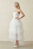 White Classic Strapless Satin High Low Wedding Dress