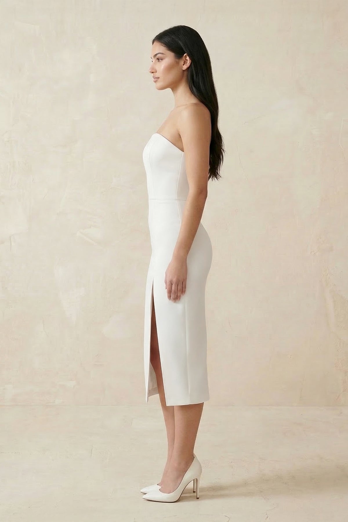 Strapless Crepe Sheath Midi Wedding Dress in White