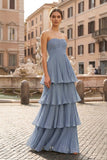 Strapless Emerald Green Ruffle Multi-Layer Long Prom Dress
