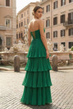Strapless Emerald Green Ruffle Multi-Layer Long Prom Dress