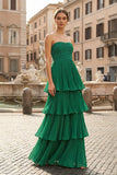 Strapless Emerald Green Ruffle Multi-Layer Long Prom Dress
