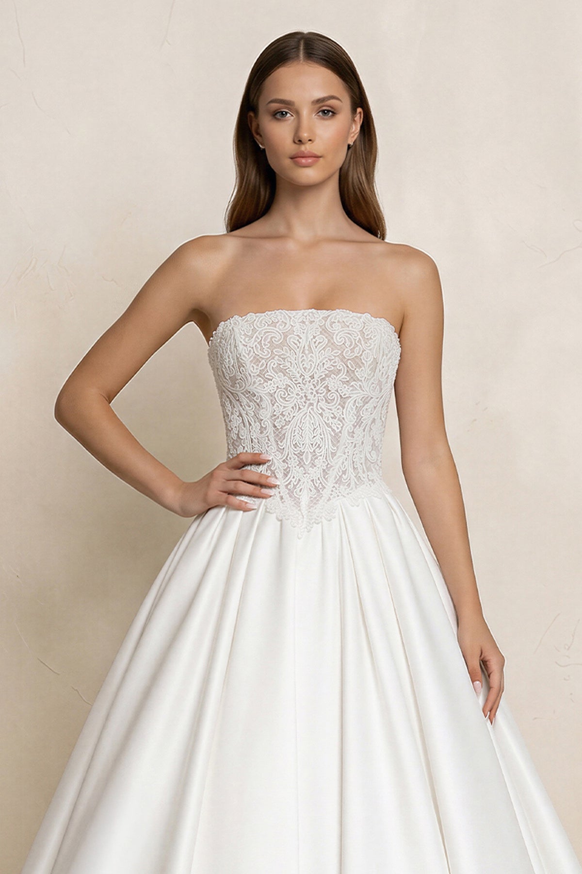 Strapless Lace Satin Corset Ball Gown Wedding Dress in White