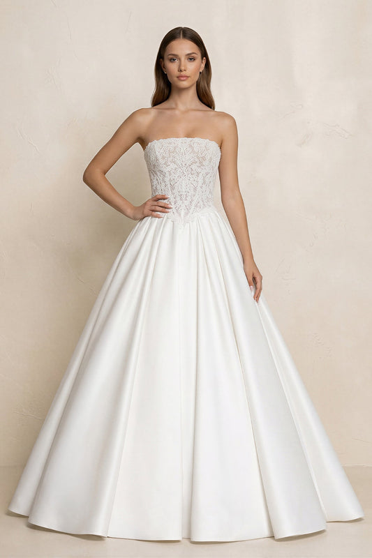 Strapless Lace Satin Corset Ball Gown Wedding Dress in White