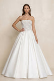 Strapless Lace Satin Corset Ball Gown Wedding Dress in White