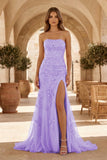 Mermaid Strapless Lace Long Prom Dress with Slit