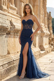 Mermaid Strapless Corset Lace Prom Dress with Slit