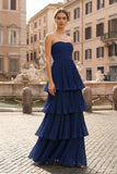 Strapless Emerald Green Ruffle Multi-Layer Long Prom Dress