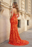 Fuchsia Strapless Sequins Lace Mermaid Prom Dresses with Slit
