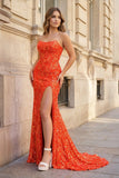 Fuchsia Strapless Sequins Lace Mermaid Prom Dresses with Slit