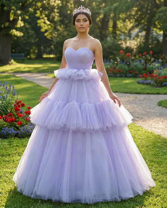 Strapless Pleated Tulle  Floor Length Tiered A Line Prom Dress