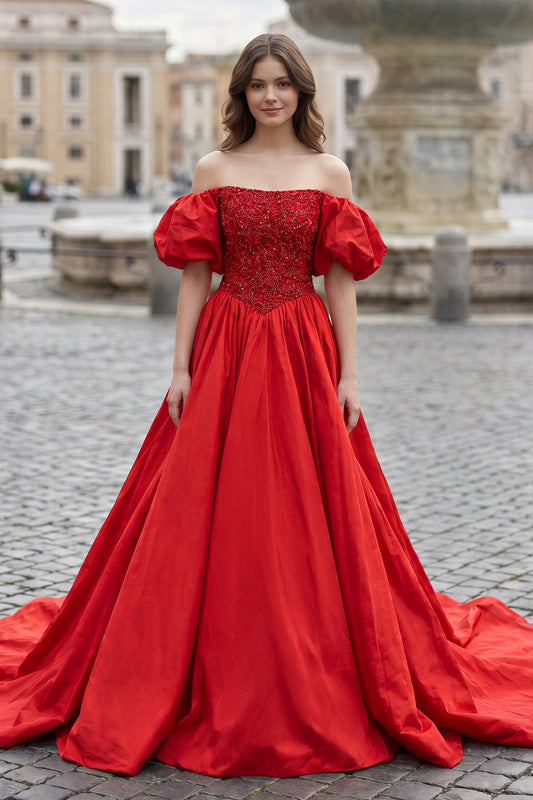 A-Line Off The Shoulder Taffeta Prom Dress With Short Puffy Sleeves