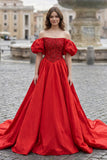A-Line Off The Shoulder Taffeta Prom Dress With Short Puffy Sleeves