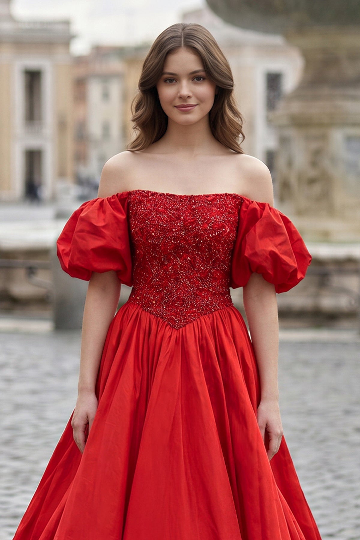 A-Line Off The Shoulder Taffeta Prom Dress With Short Puffy Sleeves