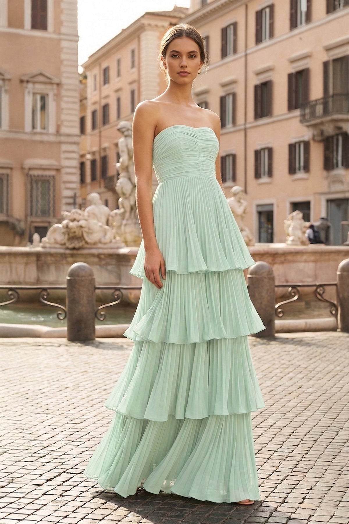 Strapless Emerald Green Ruffle Multi-Layer Long Prom Dress