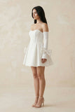 Strapless Satin A-Line Mini Wedding Dress With Sleeves in White