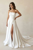 Mermaid White Satin Strapless A-Line Wedding Dress with Slit