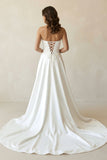 Mermaid White Satin Strapless A-Line Wedding Dress with Slit
