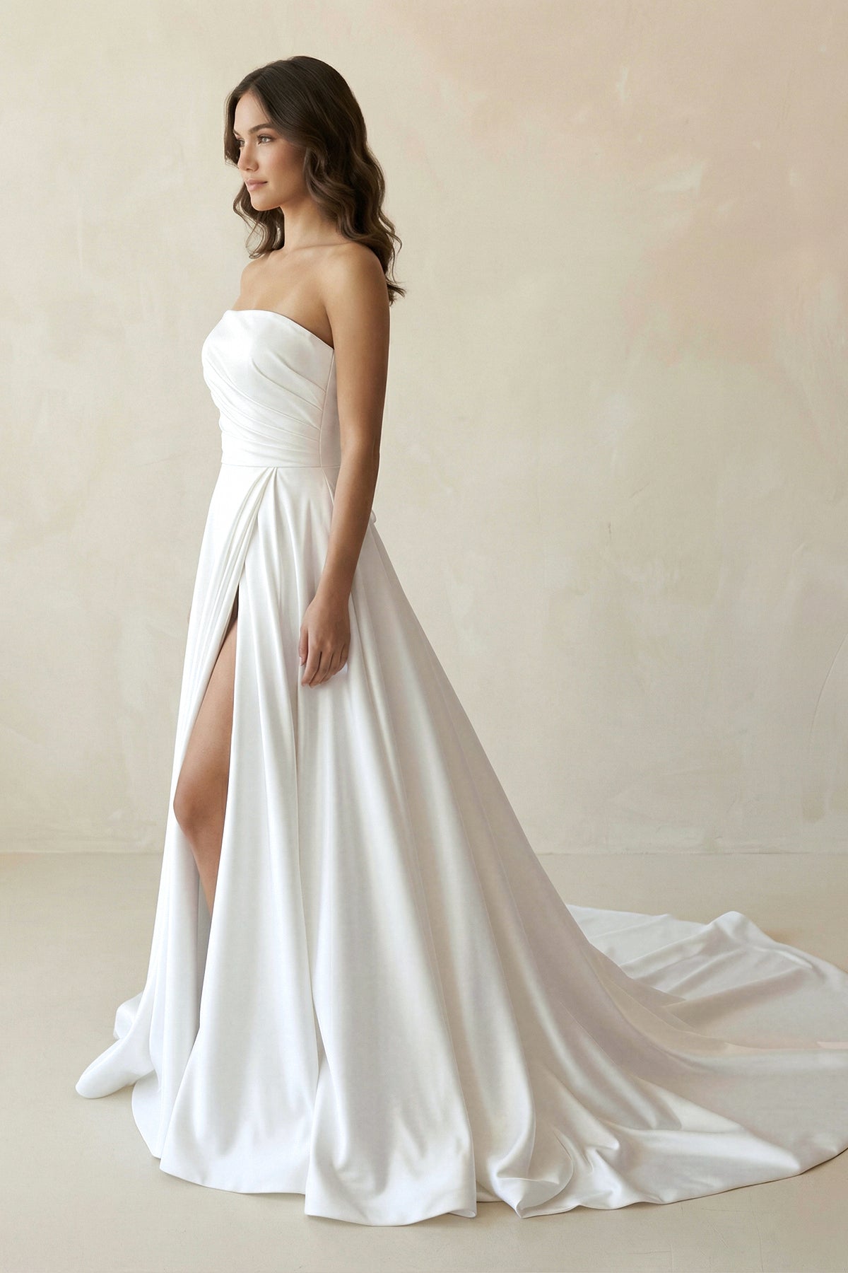 Mermaid White Satin Strapless A-Line Wedding Dress with Slit