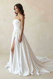Mermaid White Satin Strapless A-Line Wedding Dress with Slit
