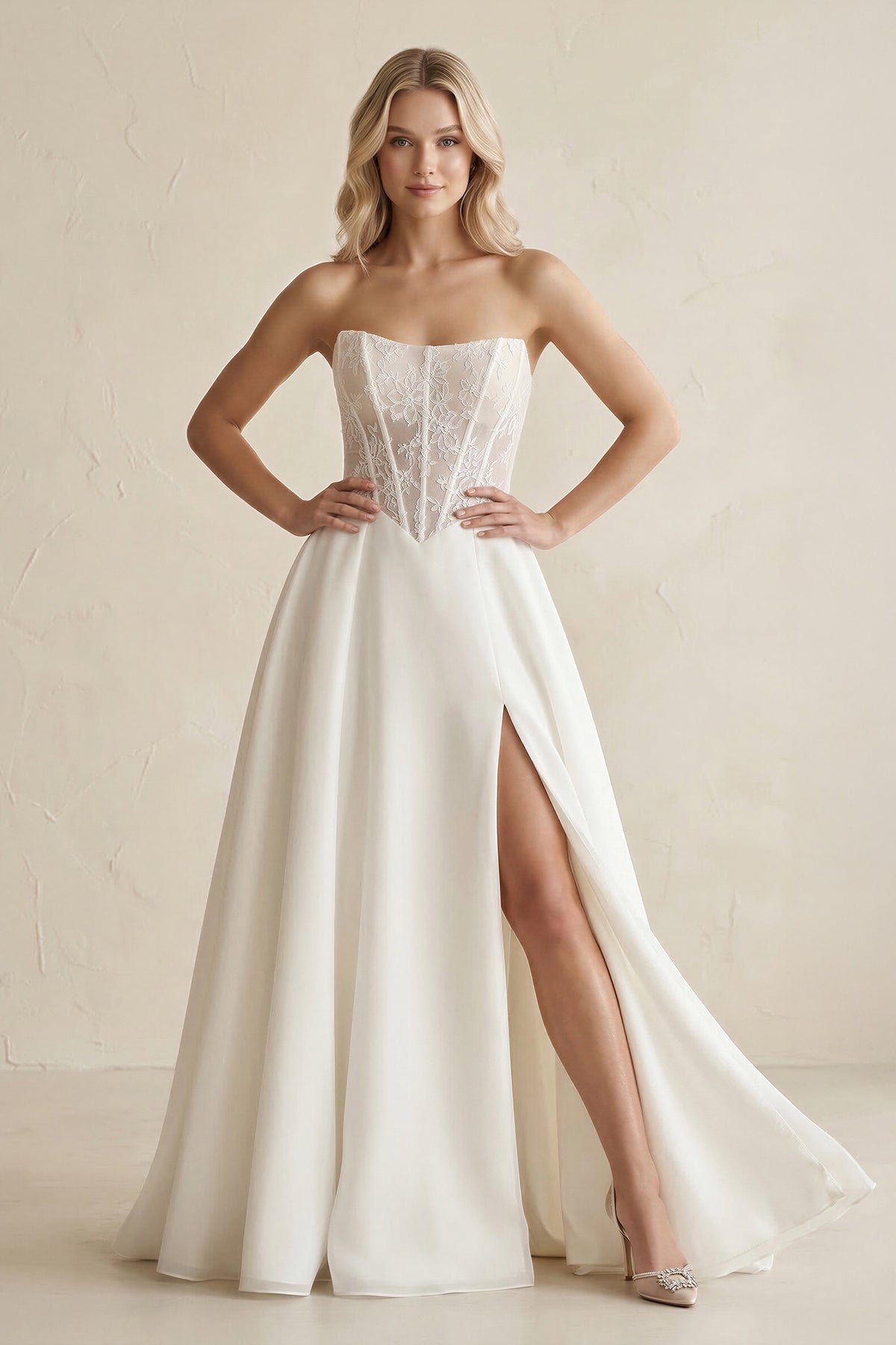 Strapless Satin Appliqued A-Line Wedding Dress with Corset in Ivory