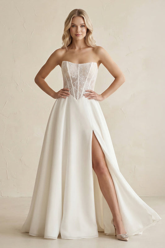 Strapless Satin Appliqued A-Line Wedding Dress with Corset in Ivory
