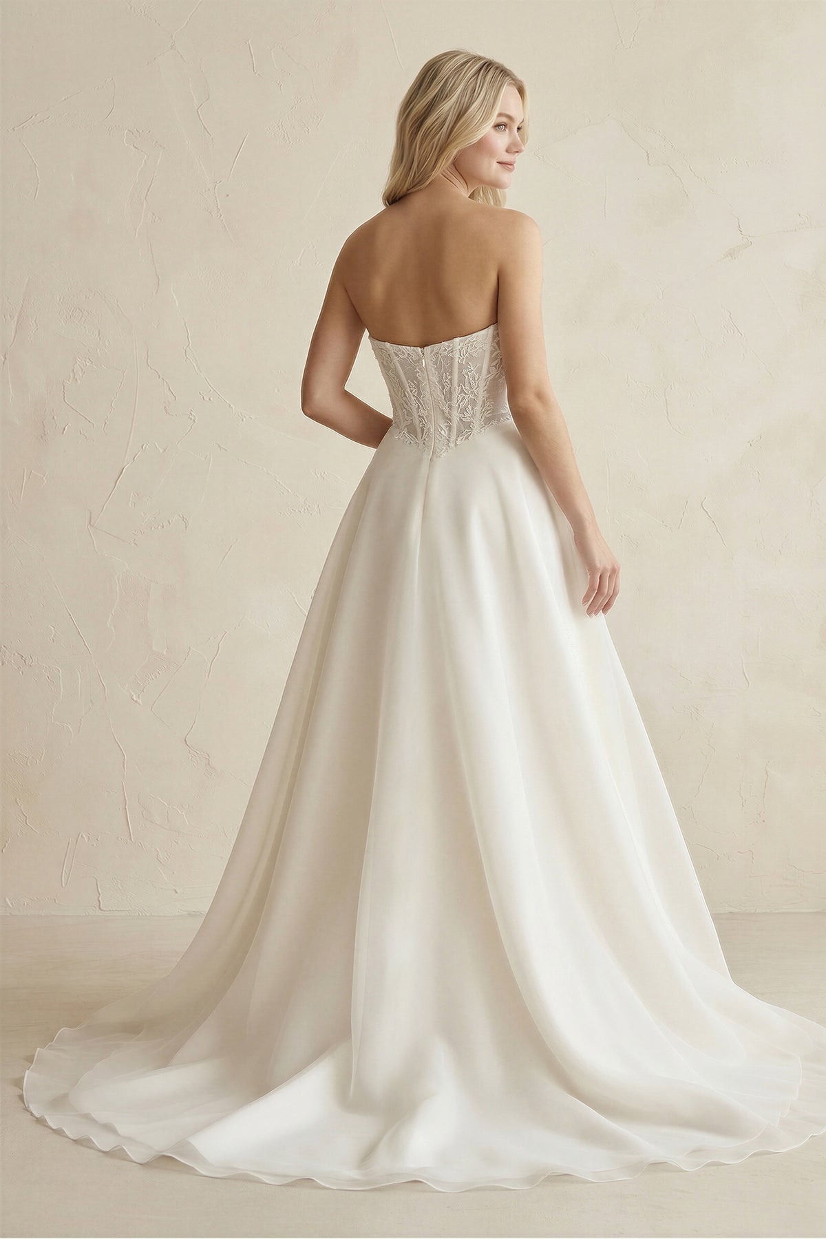 Strapless Satin Appliqued A-Line Wedding Dress with Corset in Ivory