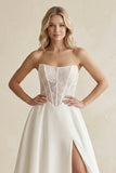 Strapless Satin Appliqued A-Line Wedding Dress with Corset in Ivory