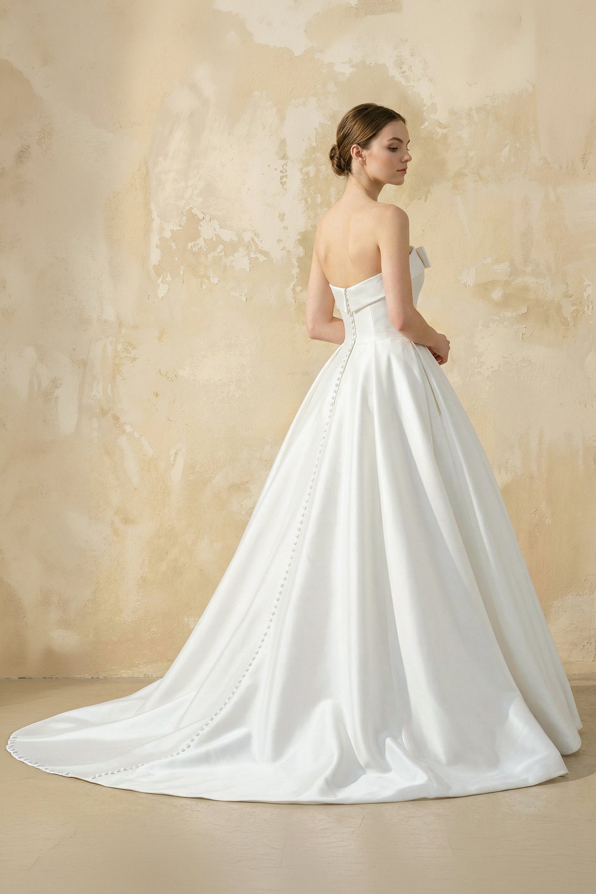 Strapless Satin Ball Gown With Bow in White