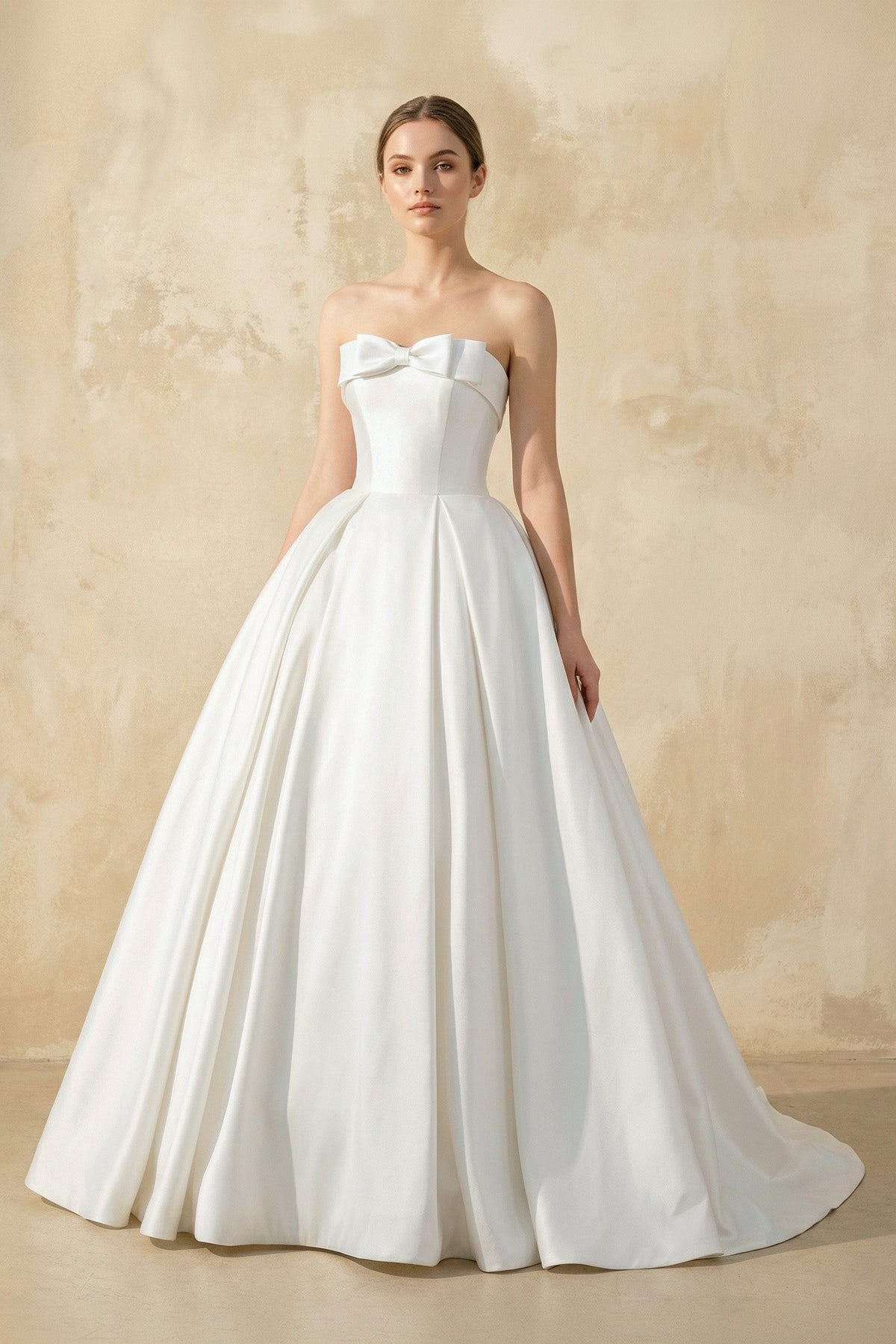 Strapless Satin Ball Gown With Bow in White