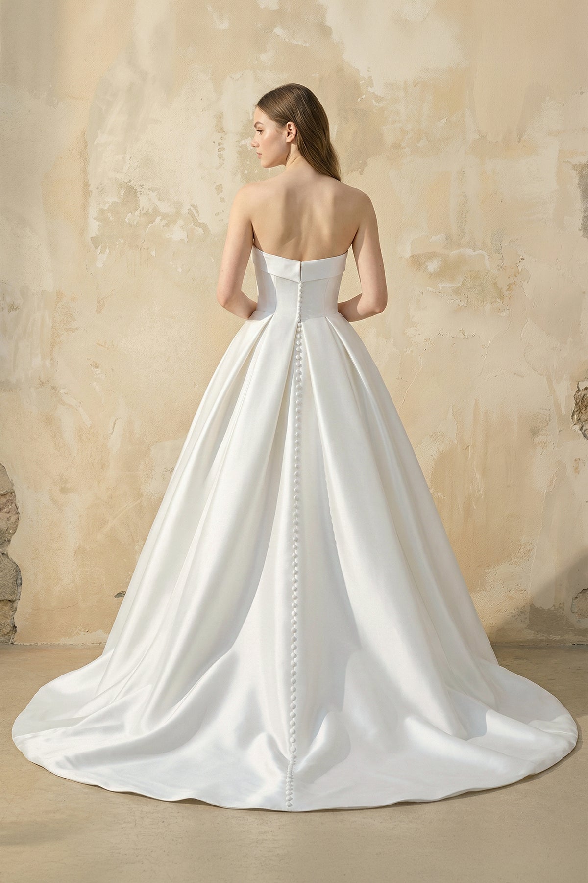 Strapless Satin Ball Gown With Bow in White