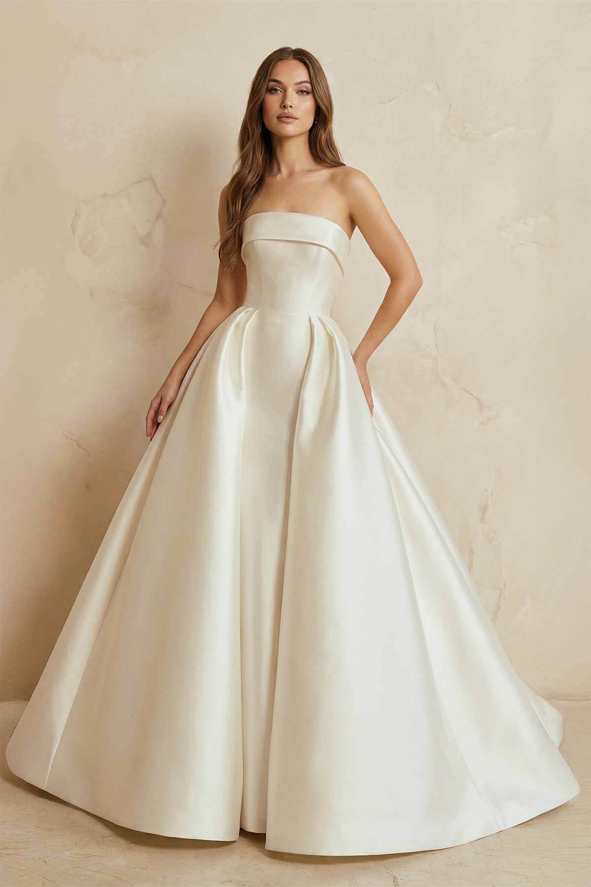 Strapless Satin Pleated Wedding Dress in Ivory