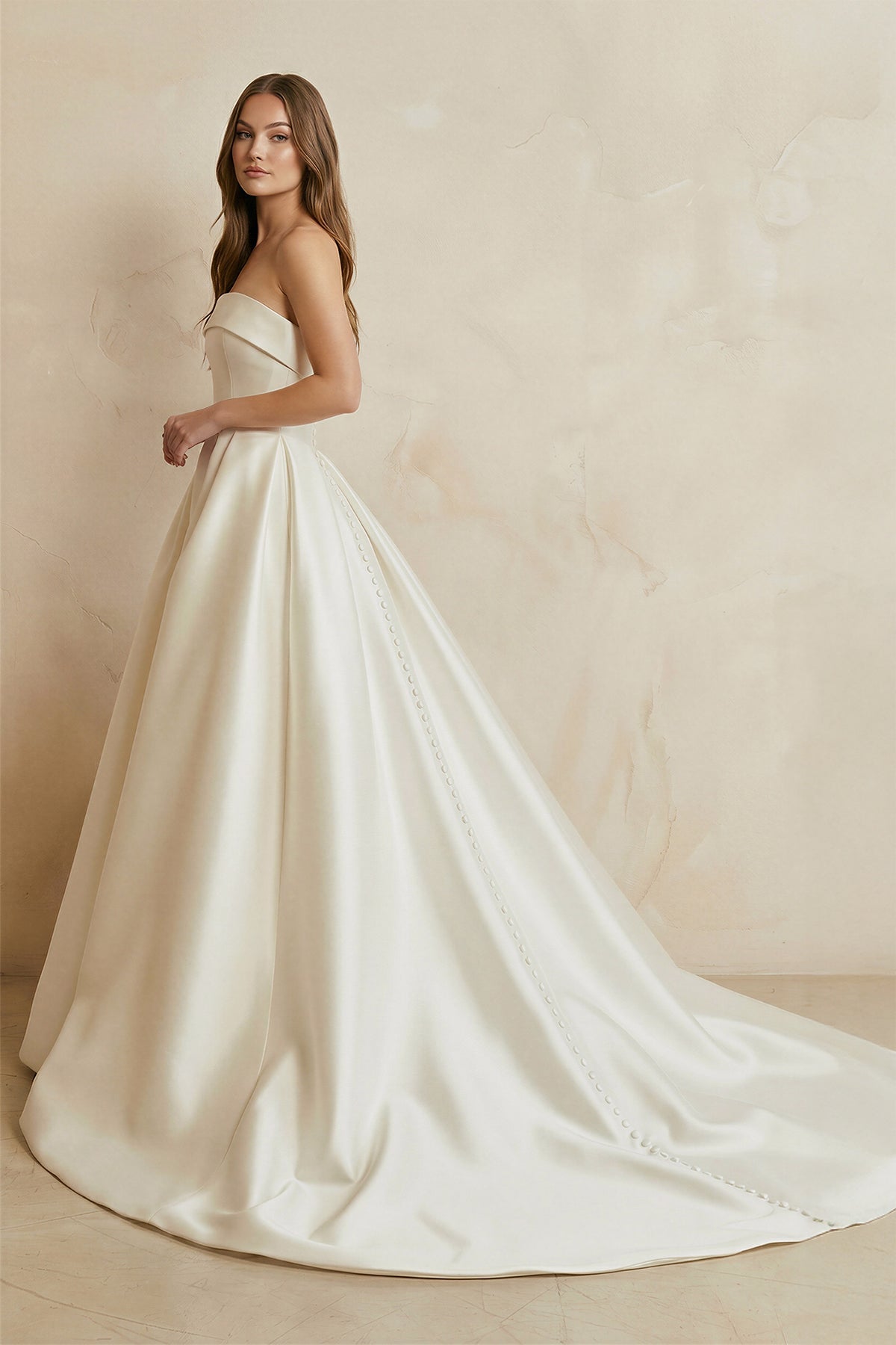 Strapless Satin Pleated Wedding Dress in Ivory