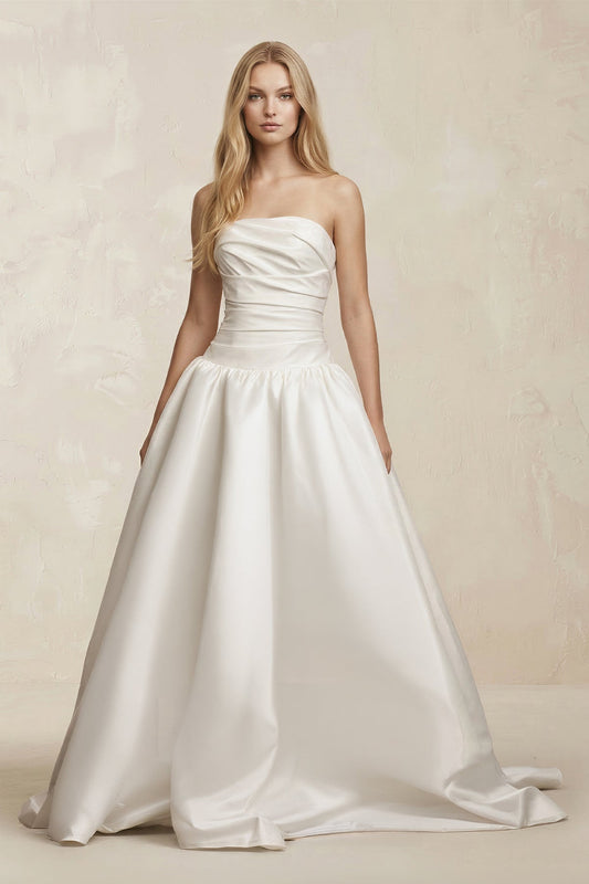 Strapless Satin Ruched A-Line Maxi Wedding Dress in White