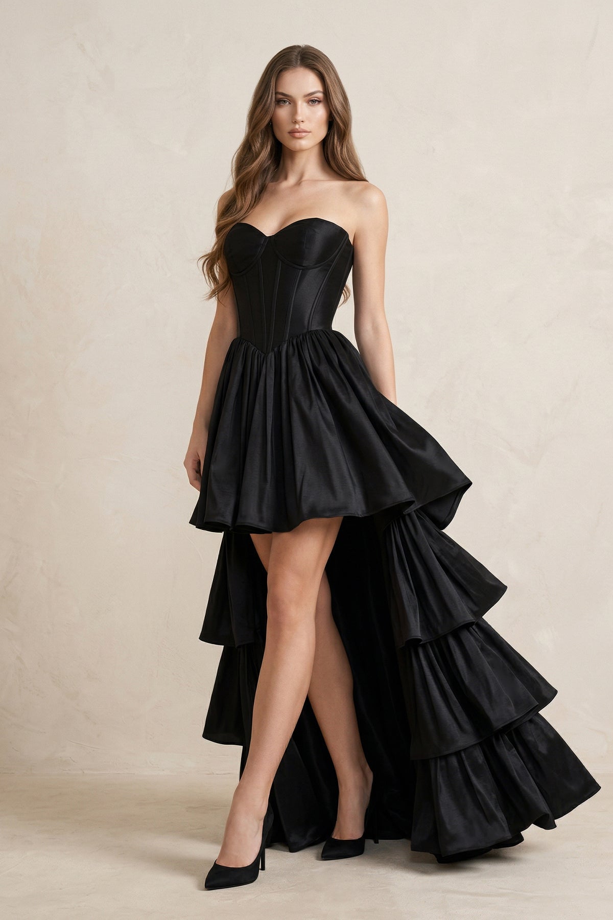 Strapless Satin Sweetheart High-Low A-Line Wedding Dress With Ruffles in Black