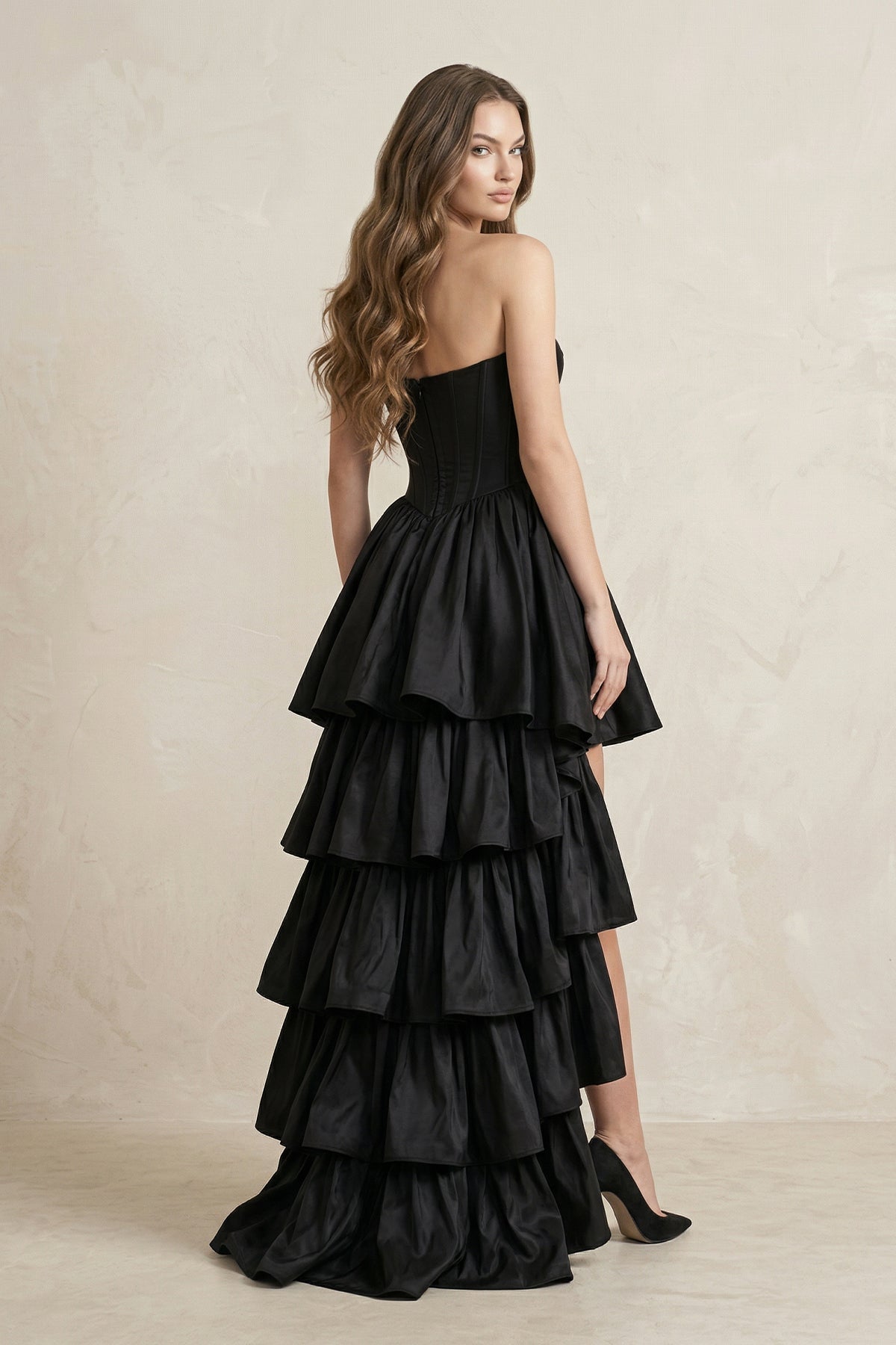 Strapless Satin Sweetheart High-Low A-Line Wedding Dress With Ruffles in Black