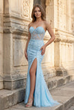 Mermaid Strapless Corset Lace Prom Dress with Slit