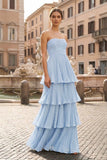 Strapless Emerald Green Ruffle Multi-Layer Long Prom Dress