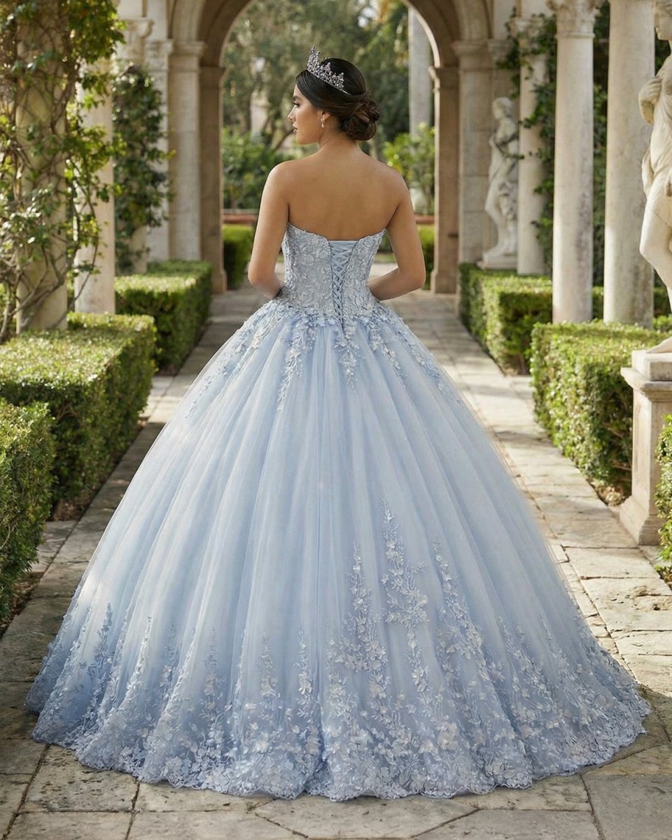 Strapless Sweetheart Neck 3D lace appliqued Quinceanera Dresses