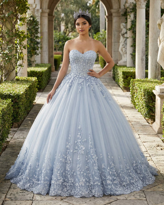 Strapless Sweetheart Neck 3D lace appliqued Quinceanera Dresses
